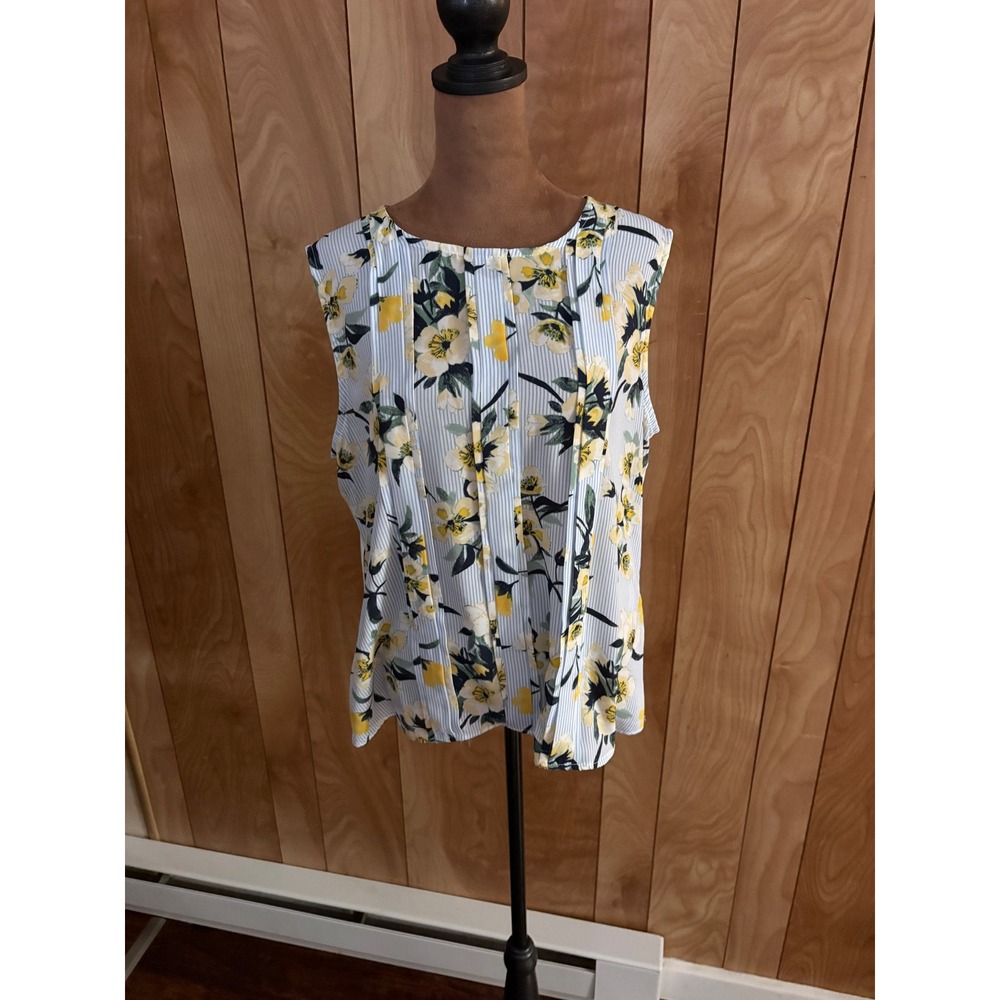 Tommy Hilfiger Womens Floral Pinstripe Pleated Sleeveless Blouse Blue Yellow L